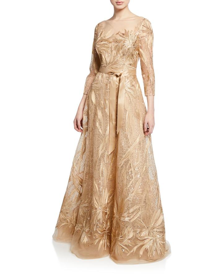 Embroidered Lace & Sequin 3/4-sleeve Illusion Gown