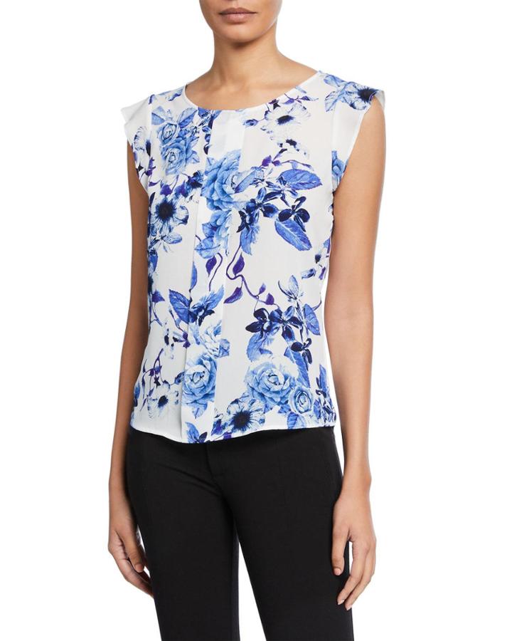 Floral Toile-print Ruffled Cap-sleeve Top