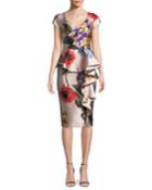 Floral V-neck Asymmetric Ruffle Dress