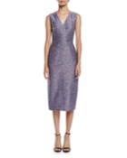 V-neck Sleeveless Sequin-embroidered Tweed Sheath Cocktail Dress