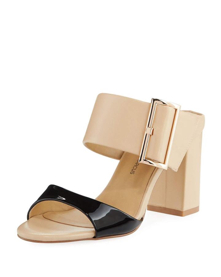 Brette Chunky-heel Leather Slide Sandal, Black/tan