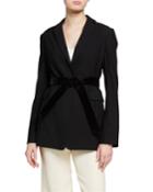 Long Lightweight Wool Blazer Jacket With Velvet Belt
