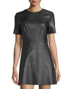 Leather Short-sleeve Shift Dress, Black