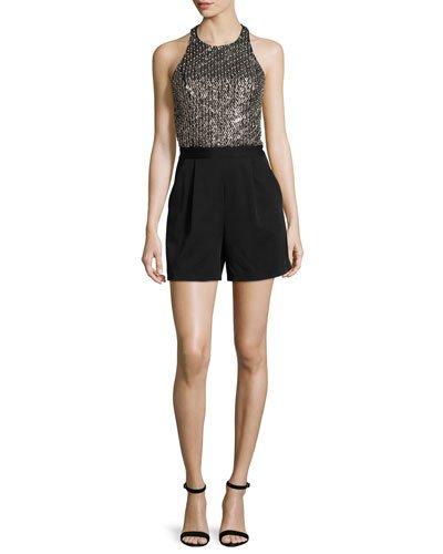 Nisha Embellished Halter-neck Romper, Black/antique