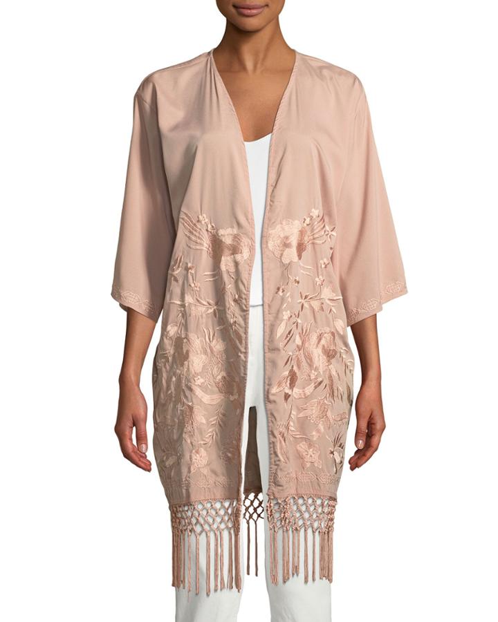 Floral-embroidered Tasseled Caftan