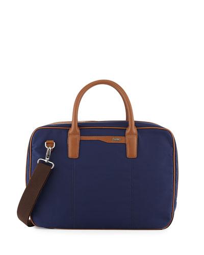 Leather-trim Nylon Zip-around Briefcase, Navy/tan