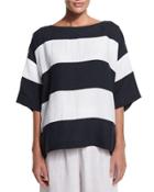 3/4-sleeve Wide-striped T-shirt, Navy/white