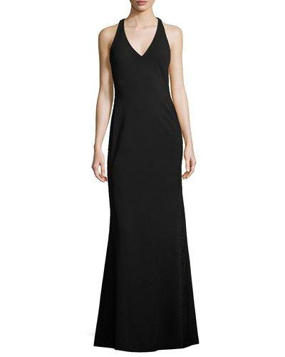 Sleeveless V-neck Halter Gown, Black