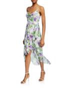 Tevi Cowl-neck Asymmetric Floral Dress W/