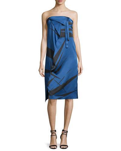 Strapless Graphic Charmeuse Dress W/ Fold Details, Ultramarine Abstract