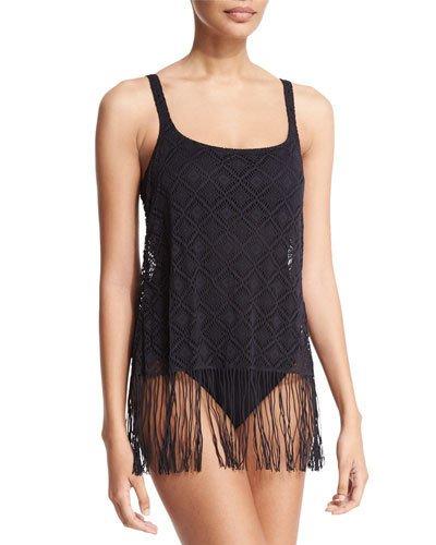 Charleston Scoop-neck One-piece Swimsuit W/fringe, Black