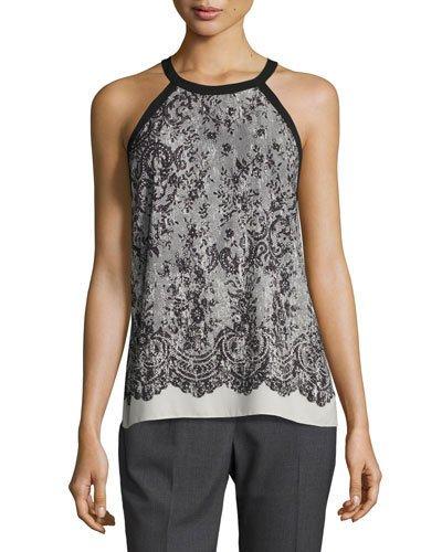 Lace-print Sleeveless Halter Top, Black