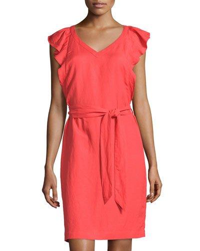 Ruffle-sleeve Linen-blend A-line Dress, Coral