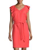 Ruffle-sleeve Linen-blend A-line Dress, Coral