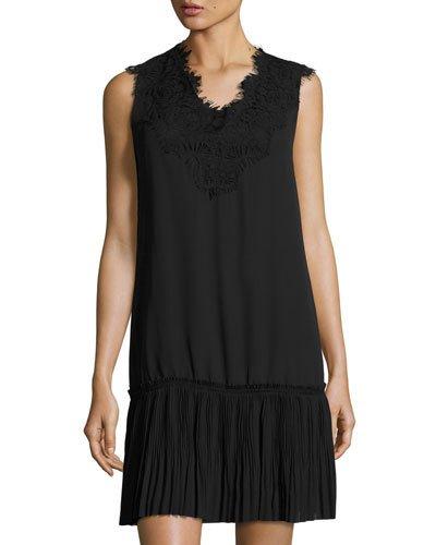 Pleated-hem Sleeveless Lace Dress, Black