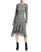 Long-sleeve Tiered Printed Flounce Dress