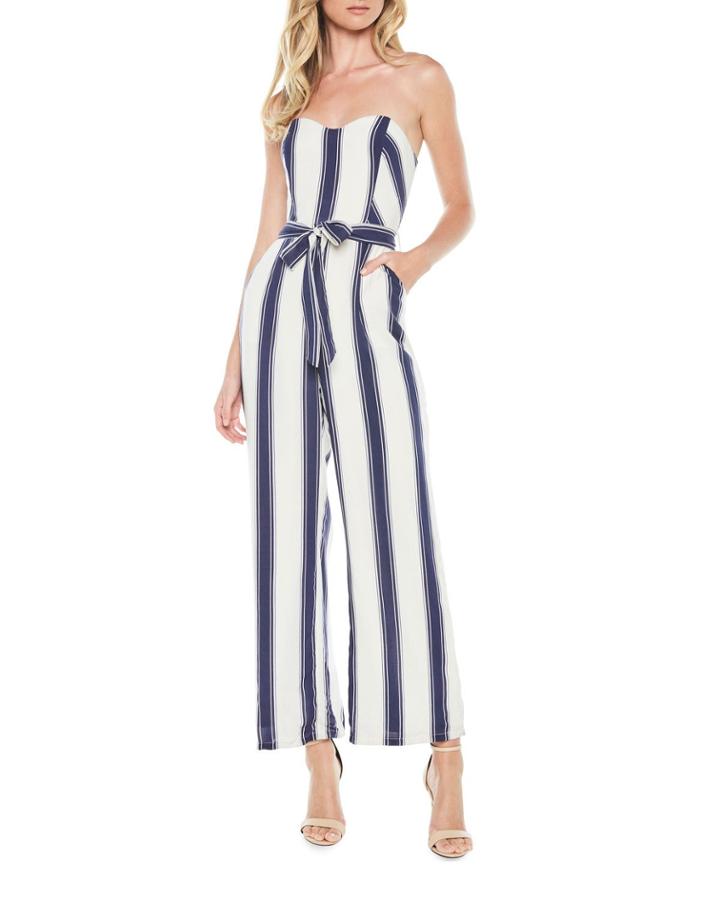 Evie Striped Strapless Belted Jumpsuit