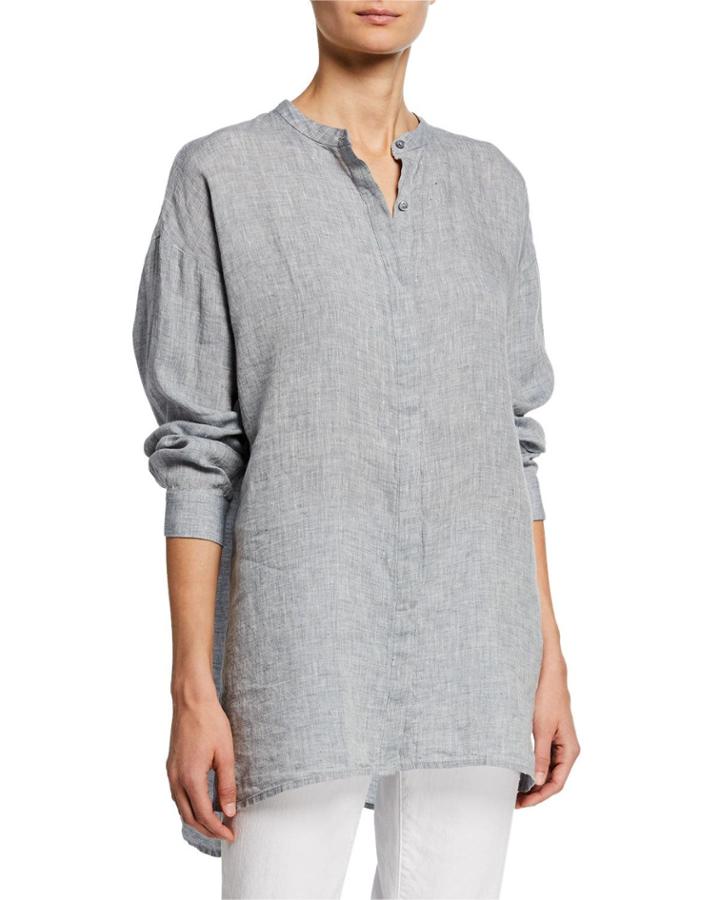 Mandarin Collar Button-front Long-sleeve Hanky