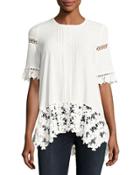 Pleated-neck Lace-trim Top, Off White