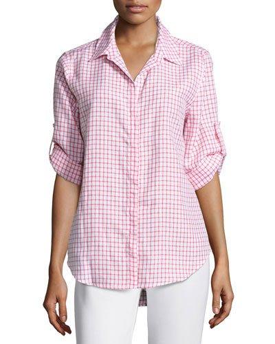 Button-up Gingham Blouse, White/coral