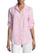 Button-up Gingham Blouse, White/coral