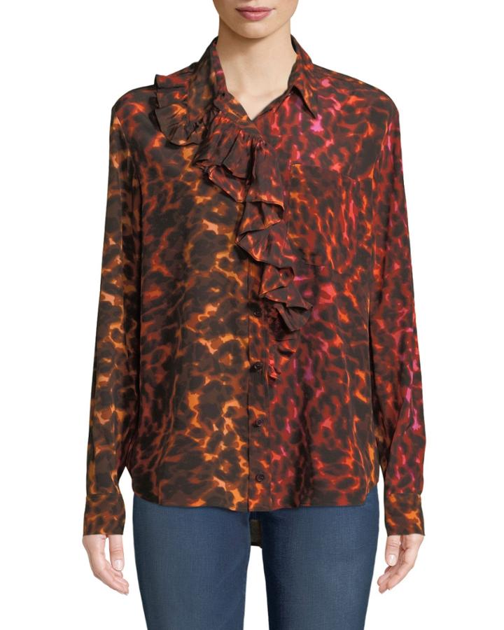 Ruffle-placket Neon Animal-print