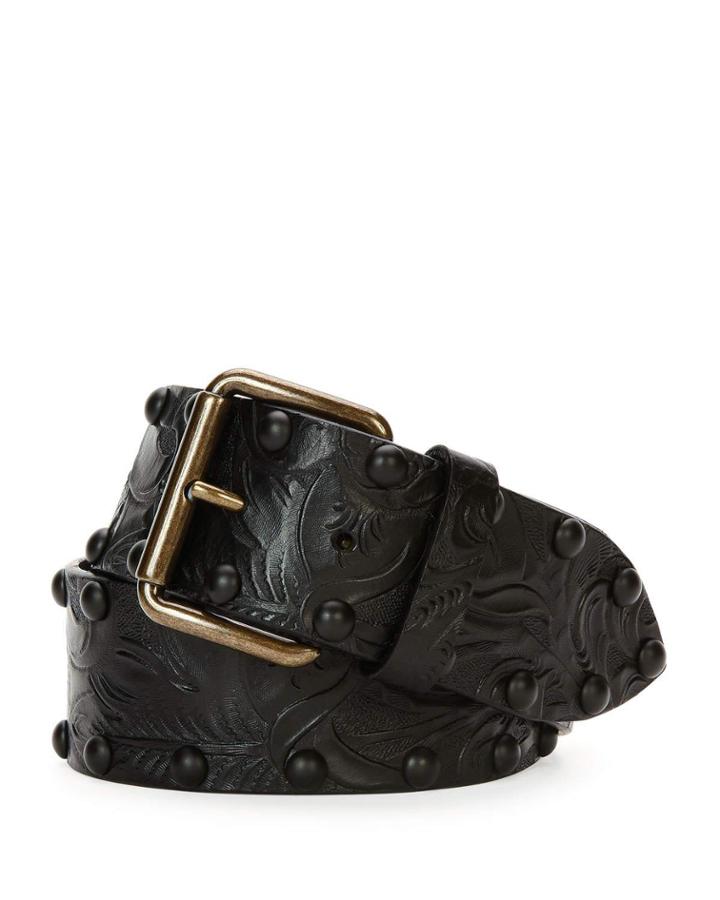 Tooled Leather Belt W/studs, Black