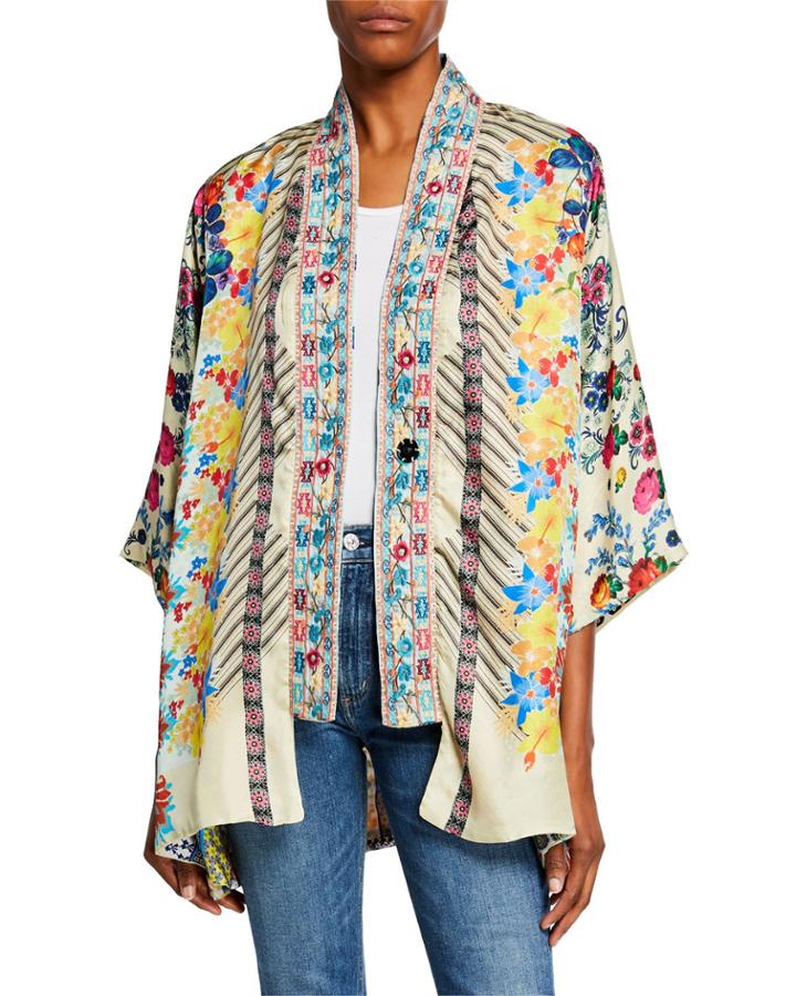 Bonian Floral-print One-button Silk Twill Kimono W/ Embroidered Trim