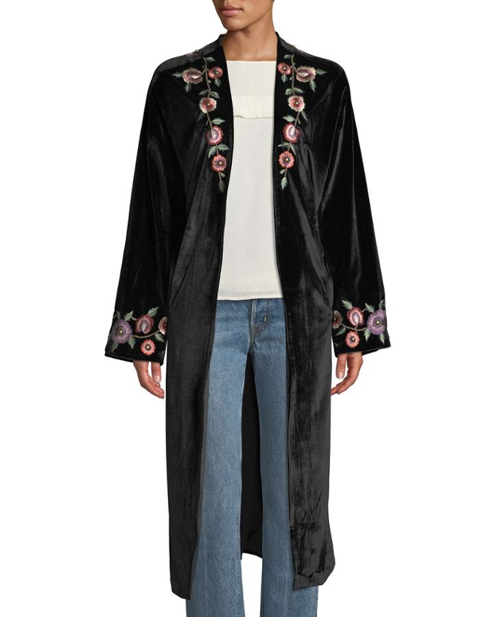 Samantha Floral-embroidered Velvet Overcoat