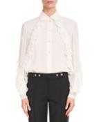 Long-sleeve Button-front Silk Georgette Blouse W/ Ruffle Detail