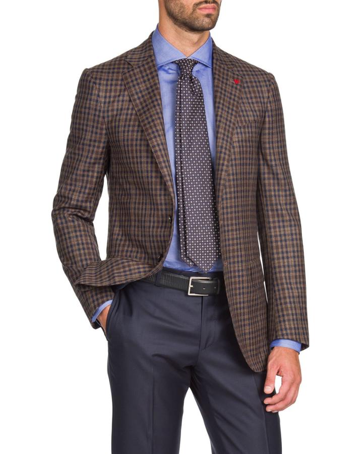 Men's Two-tone Check Two-button Jacket, Tan/navy