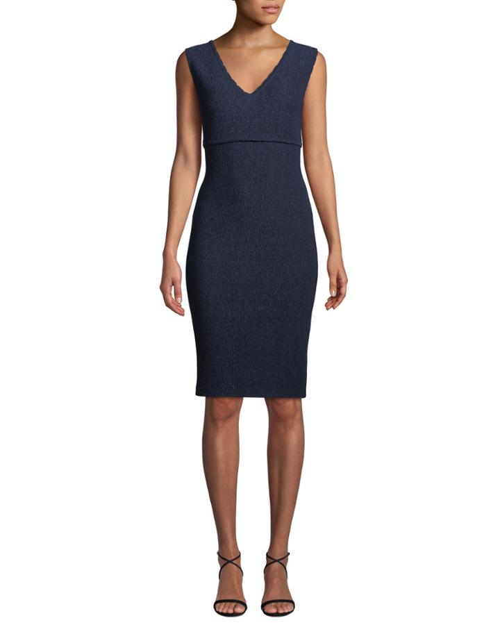 V-neck Sleeveless Ottoman Wave Knit Dress W/ Back