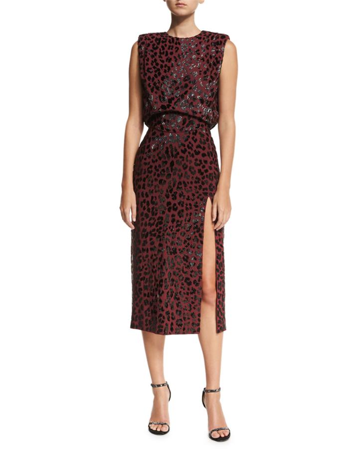 Embellished Leopard Sheath Dress, Dark Red