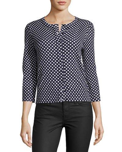 3/4-sleeve Diamond-print Cardigan, Blue Pattern