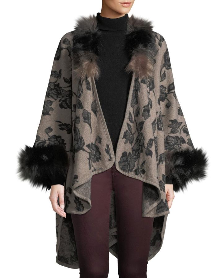 Floral Cold-weather Ruana With Faux-fur Trim