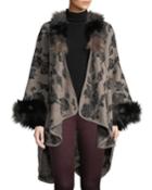 Floral Cold-weather Ruana With Faux-fur Trim