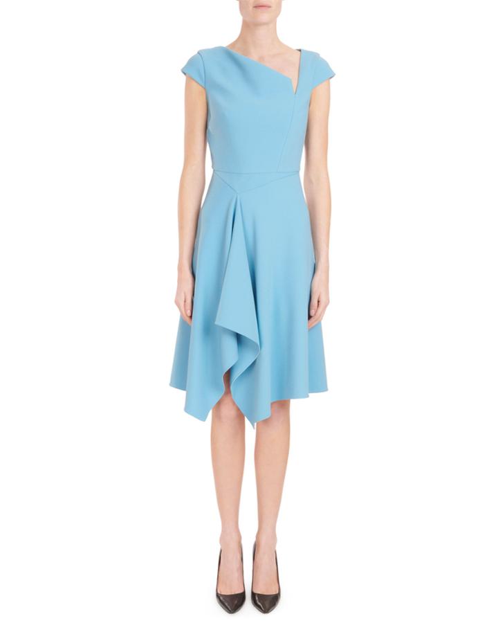 Asymmetric-neck Cap-sleeve Fit-and-flare Crepe Dress W/ Handkerchief Hem