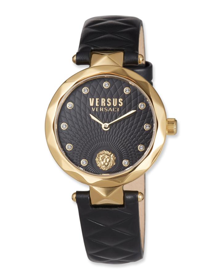 36mm Covent Garden Crystal Watch W/ Leather Strap, Black/gold