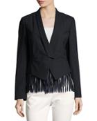 Fringe-trim Stretch-wool Jacket, Blue