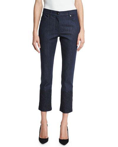 Lace-hem Skinny Ankle Jeans, Dark Blue