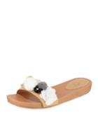 Emma Suede Slide Sandals With Flowers & Pompoms
