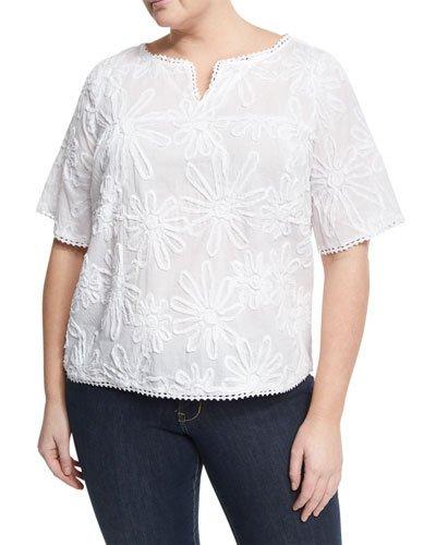 Perkins Floral-appliqu&eacute; Cotton Top, White,