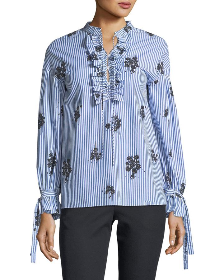Long-sleeve Striped Cotton Blouse With Ruffled Trim