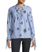 Long-sleeve Striped Cotton Blouse With Ruffled Trim