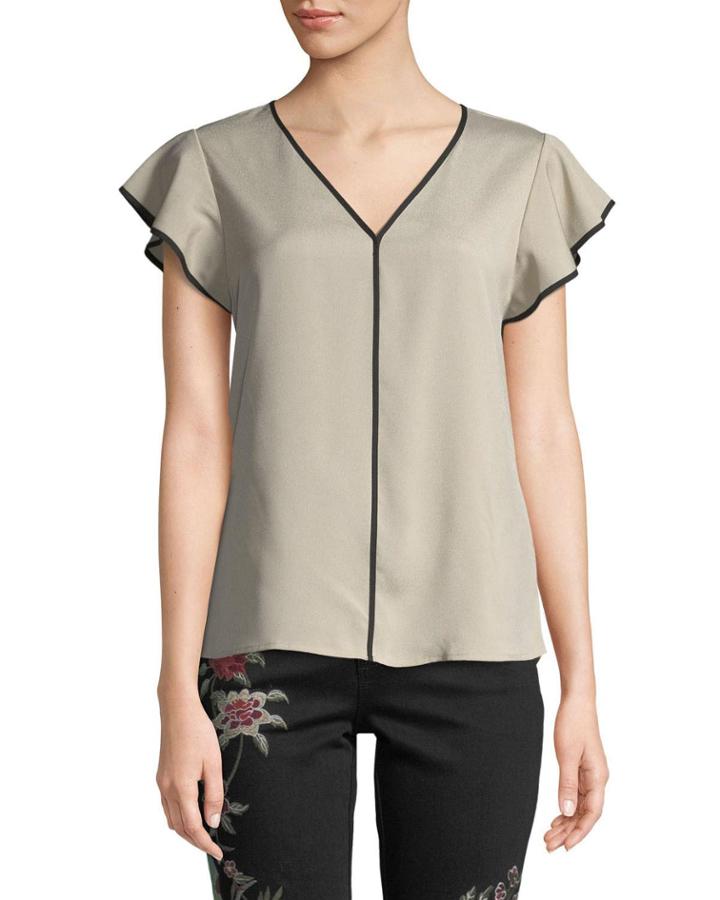 Piped Flutter-sleeve Georgette Blouse