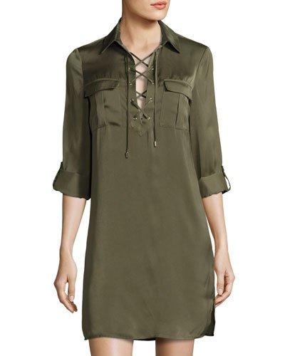 Lace-up Long-sleeve Satin Shirtdress, Olive