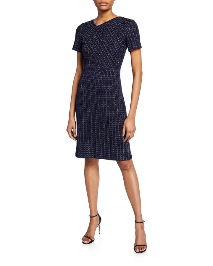 Graphic Boucle Windowpane Knit Asymmetric-neck Dress