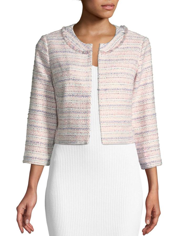 3/4-sleeve Tweed Topper Jacket, Rose
