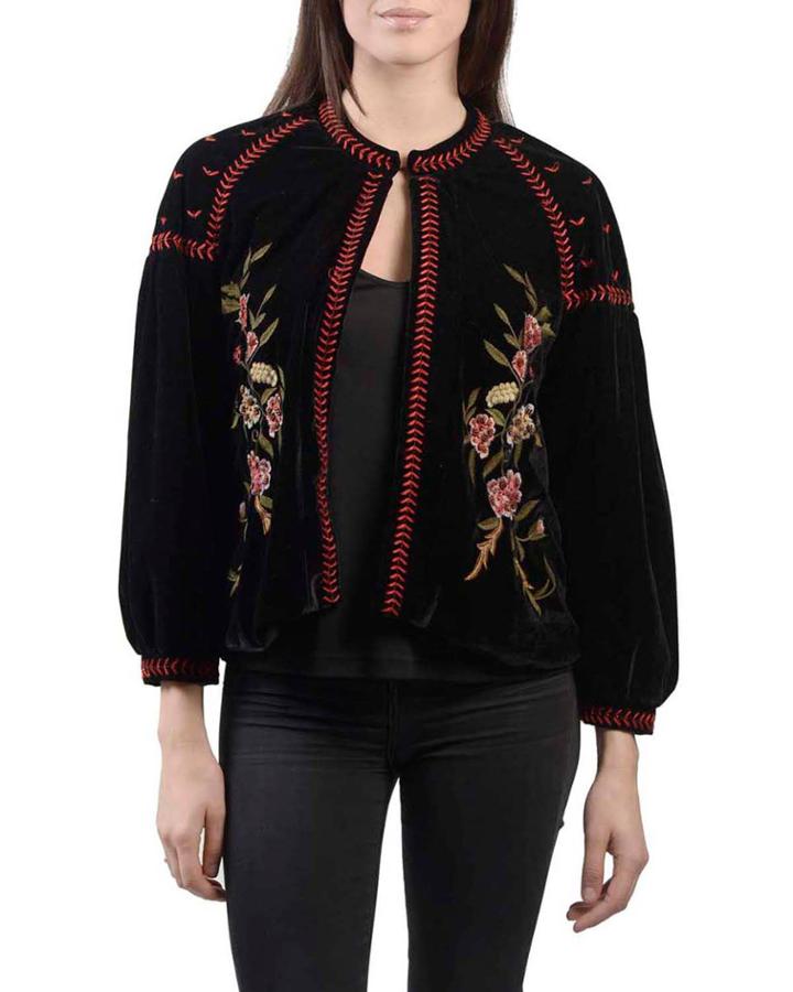 Embroidered Velvet Puff-sleeve Topper Jacket