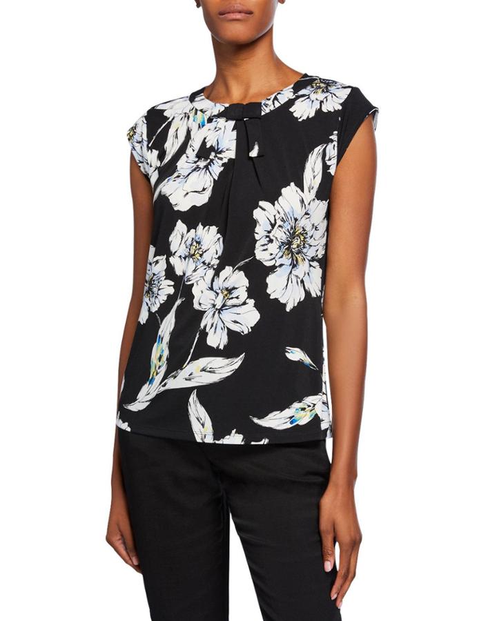 Floral Bow Cap-sleeve Knit Top